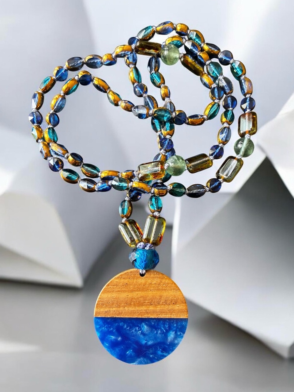 Hand Knotted Mala. Sapphire & Aquamarine Crystal w Fluorite & Wood Resin Focal
